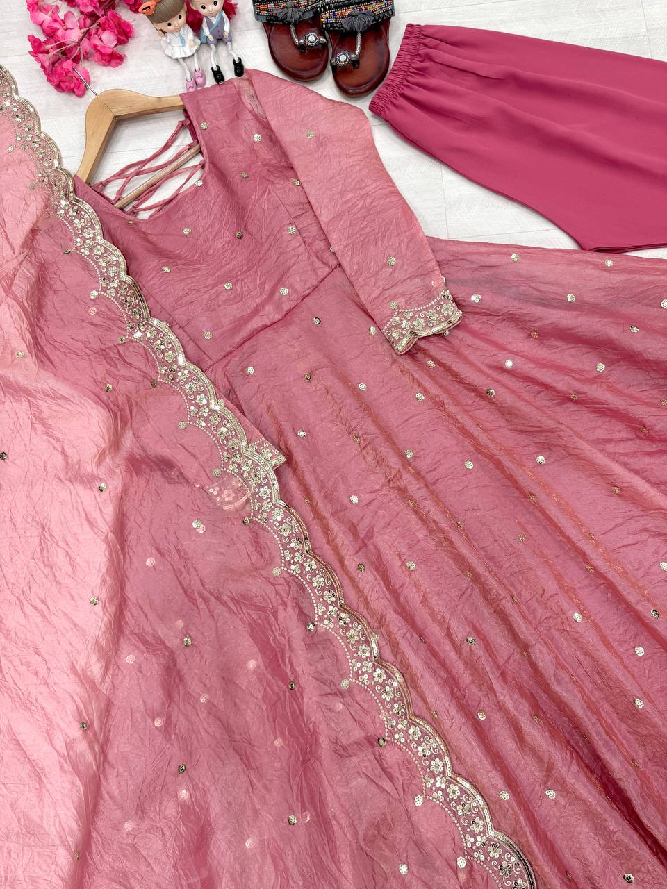 Pur Soft Gold Crush Silk With Embroidery With  Sequience Work And 4 Mtr Flair Gown