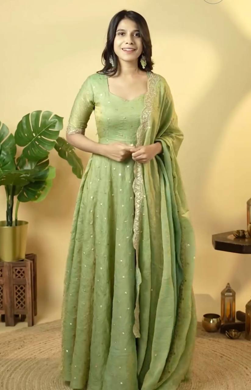 Pur Soft Gold Crush Silk With Embroidery With  Sequience Work And 4 Mtr Flair Gown