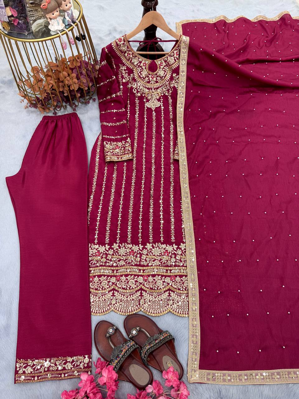 Heavy Chinon Silk With Embroidery Sequence Work Micro Cotton Top Pent