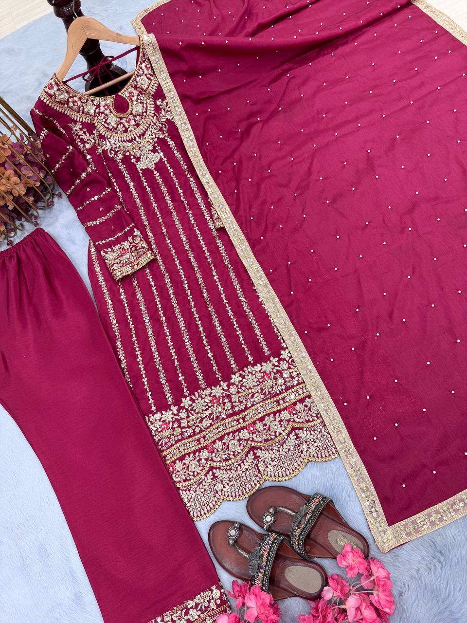 Heavy Chinon Silk With Embroidery Sequence Work Micro Cotton Top Pent
