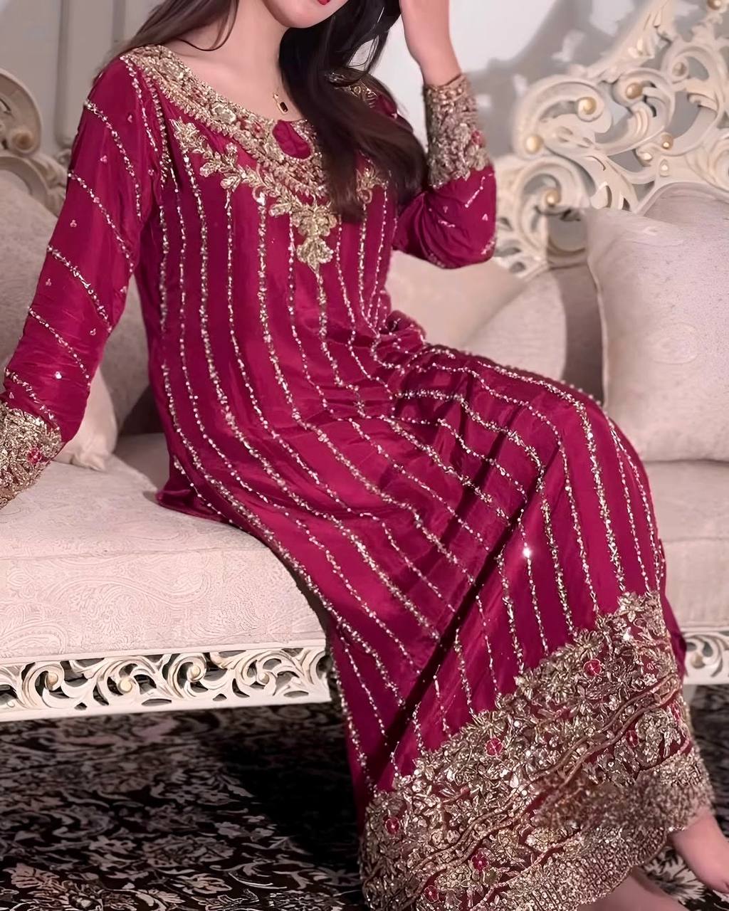 Heavy Chinon Silk With Embroidery Sequence Work Micro Cotton Top Pent