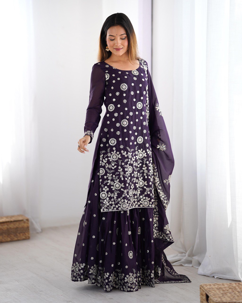 Chinon Silk with thread And Sequence Work Top Sharara