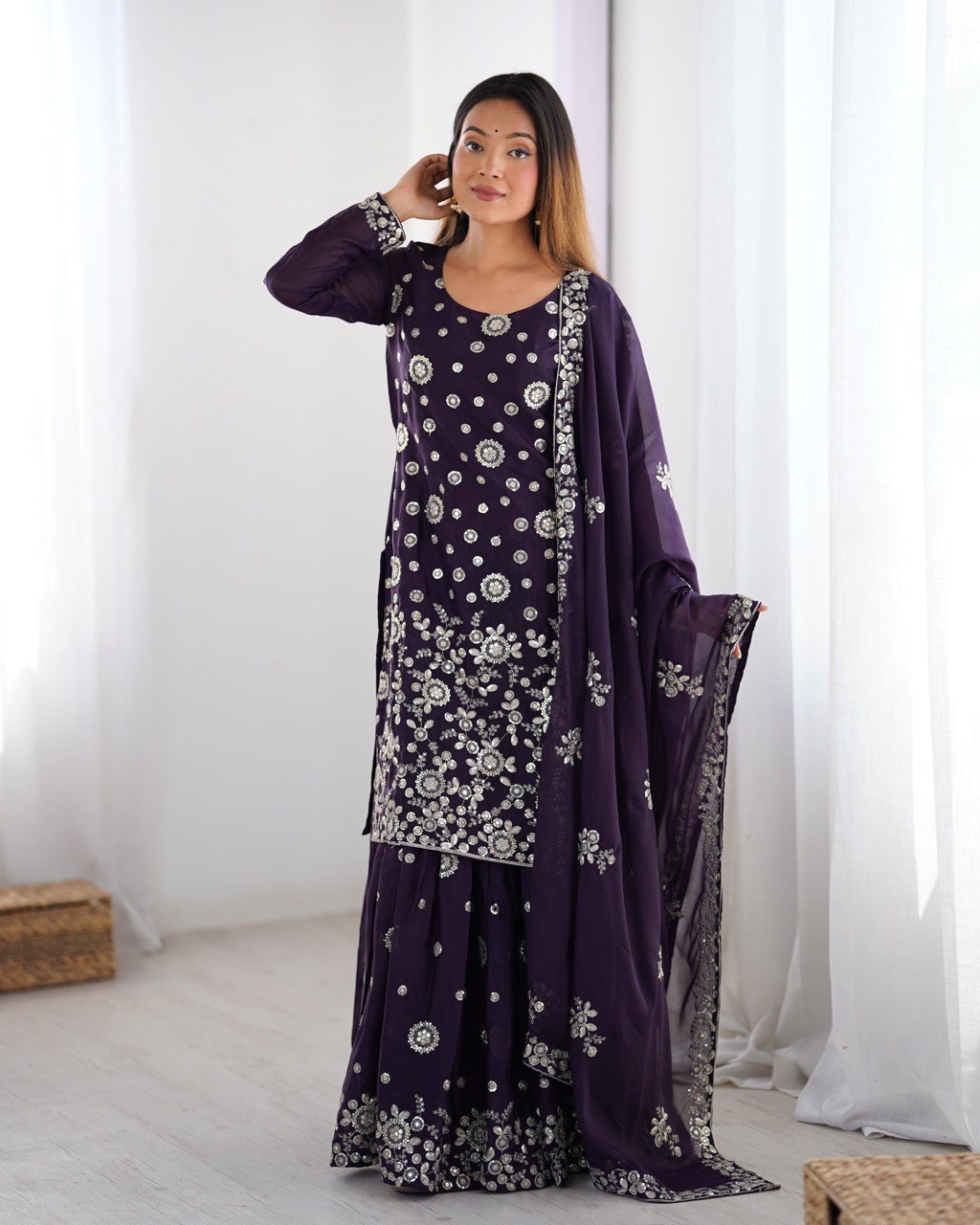 Chinon Silk with thread And Sequence Work Top Sharara