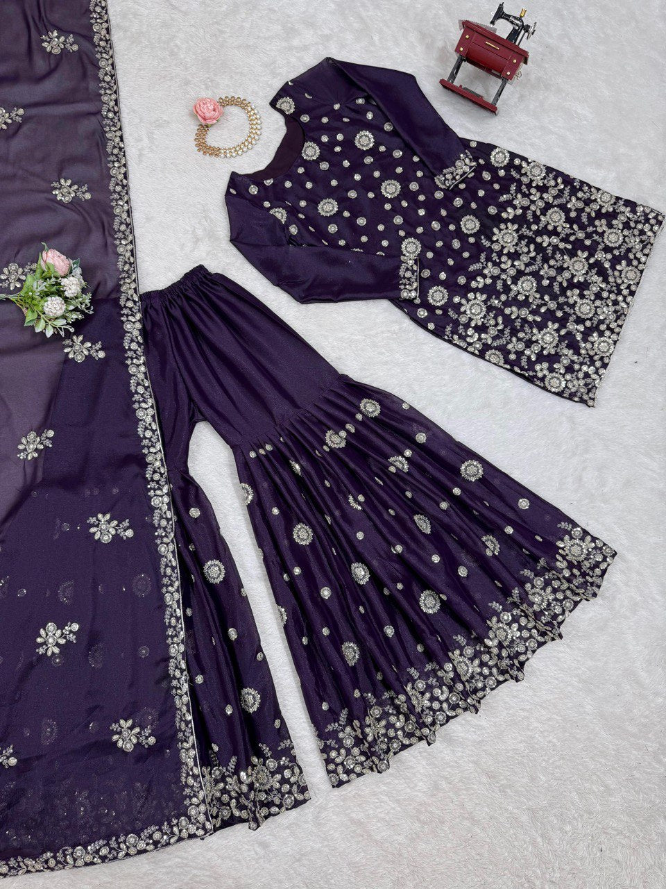 Chinon Silk with thread And Sequence Work Top Sharara