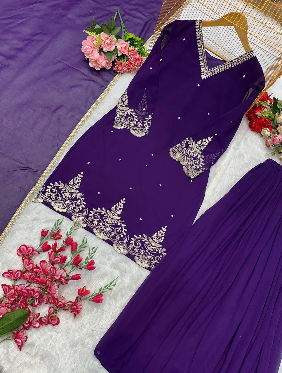 Heavy Faux Georgette Embroidery Work Top Plazzo