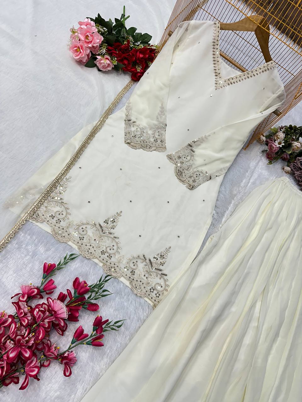 Heavy Faux Georgette Embroidery Work Top Plazzo
