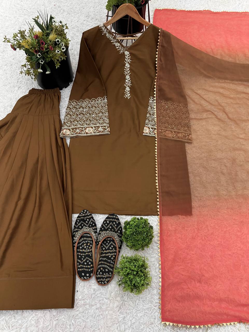 Natural Satin Silk With Embroidery Sequence Work Top Plazzo