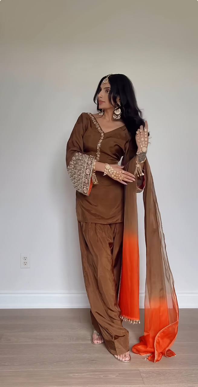 Natural Satin Silk With Embroidery Sequence Work Top Plazzo