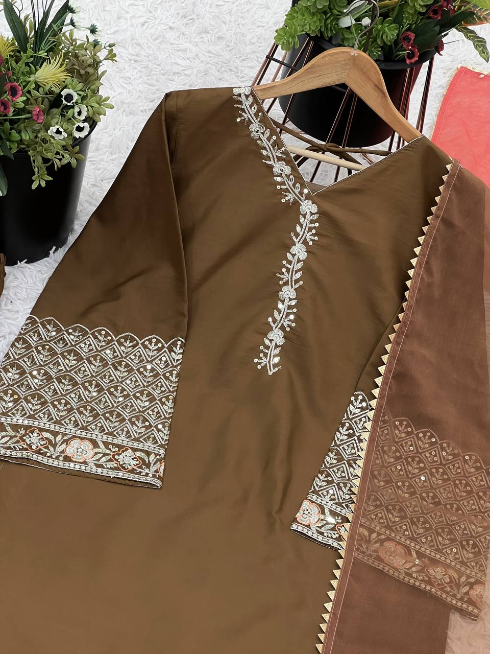 Natural Satin Silk With Embroidery Sequence Work Top Plazzo