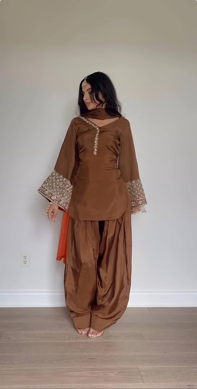 Natural Satin Silk With Embroidery Sequence Work Top Plazzo
