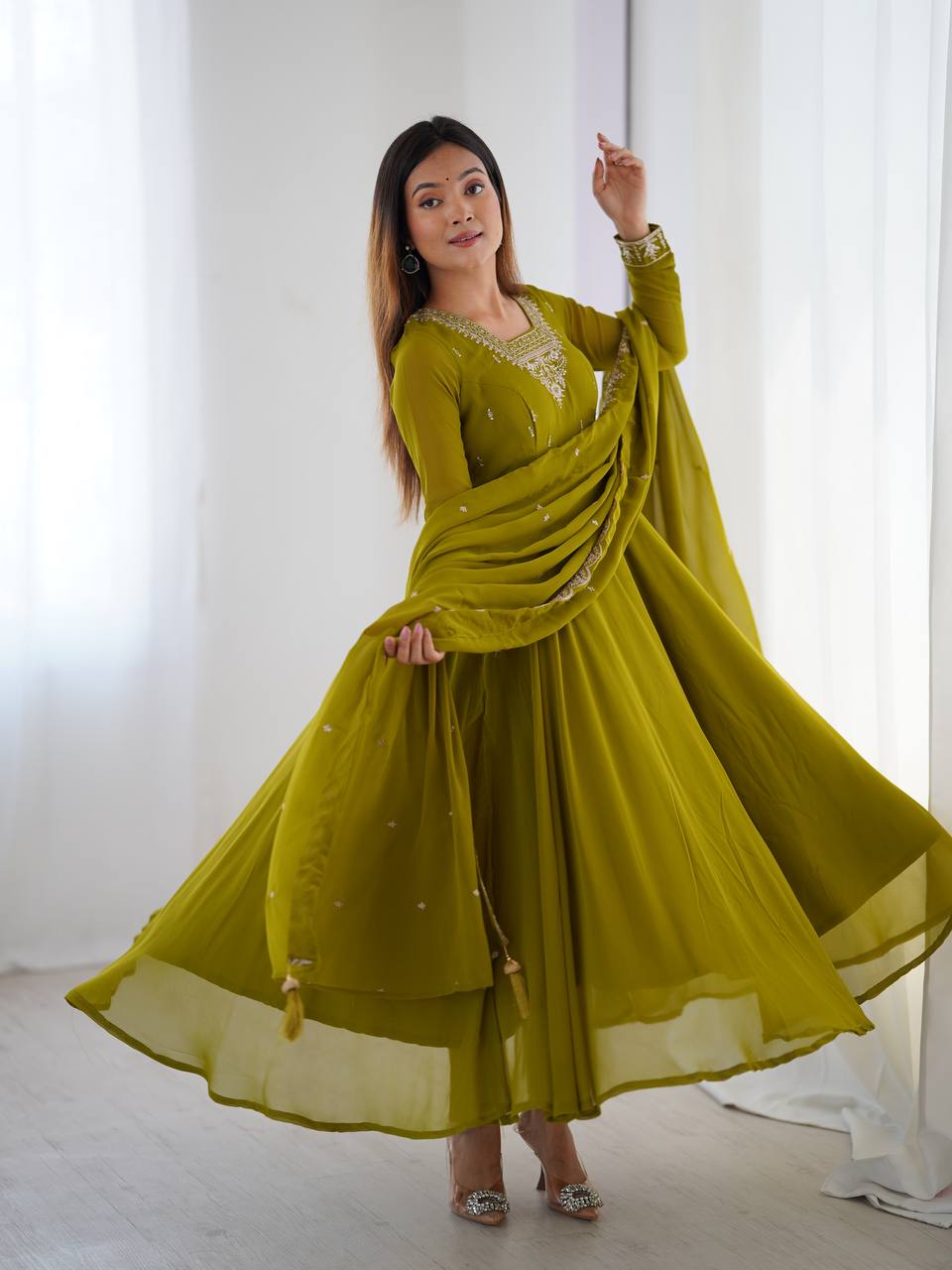 Heavy Pure Soft georgette Embroidery Jari Work Anarkali