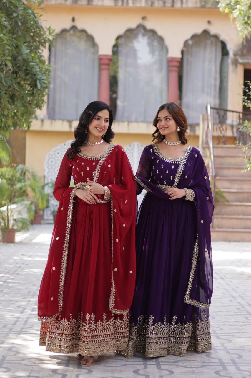Faux Blooming Embroidery Zari Sequence Work Gown