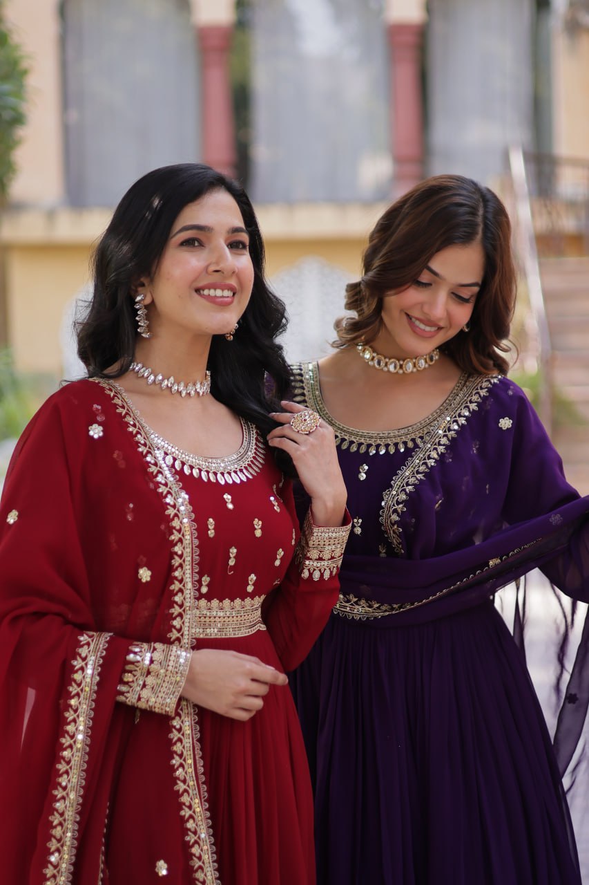Faux Blooming Embroidery Zari Sequence Work Gown