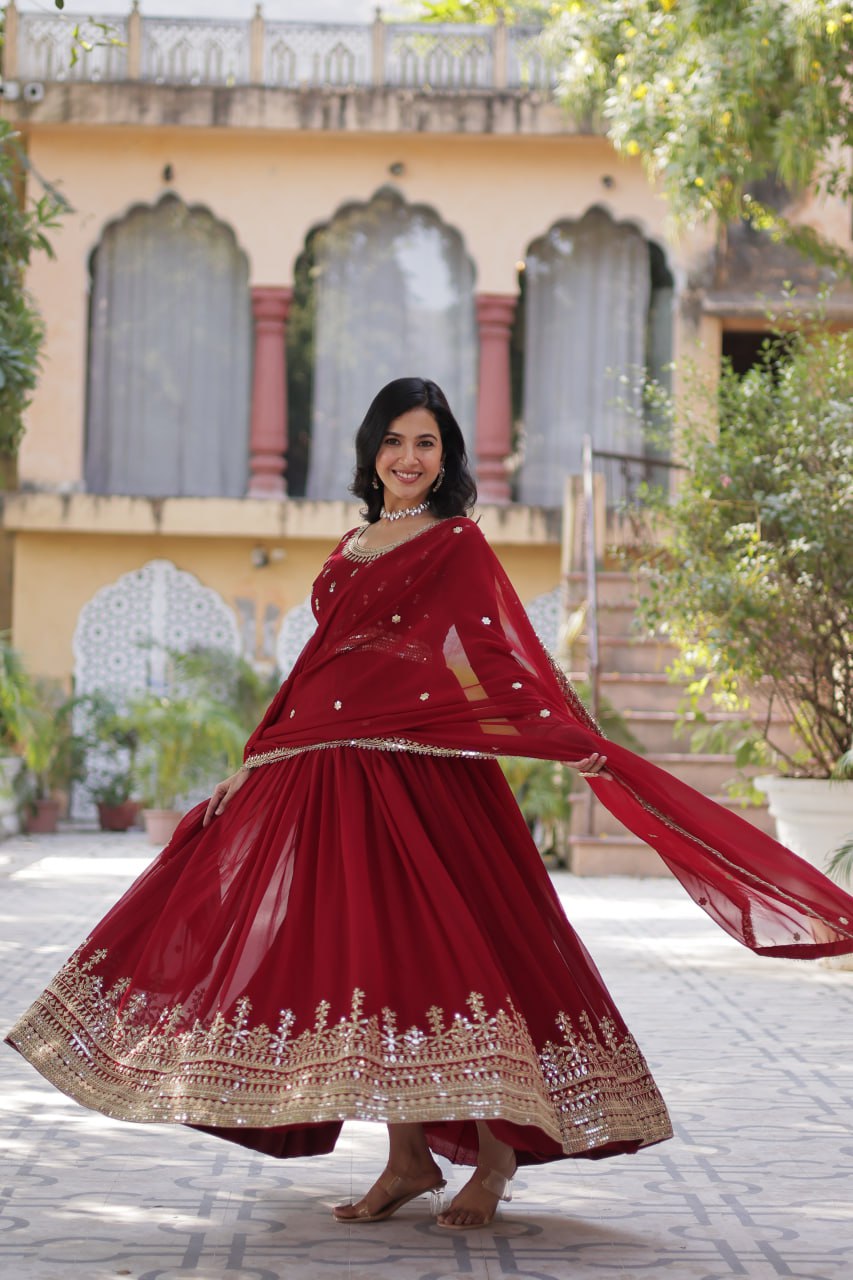 Faux Blooming Embroidery Zari Sequence Work Gown