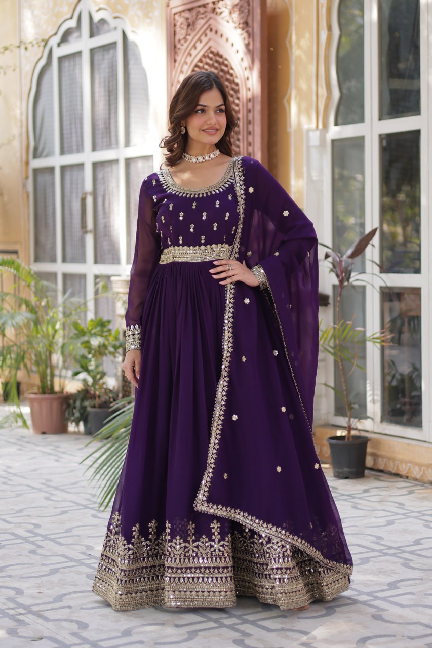 Faux Blooming Embroidery Zari Sequence Work Gown