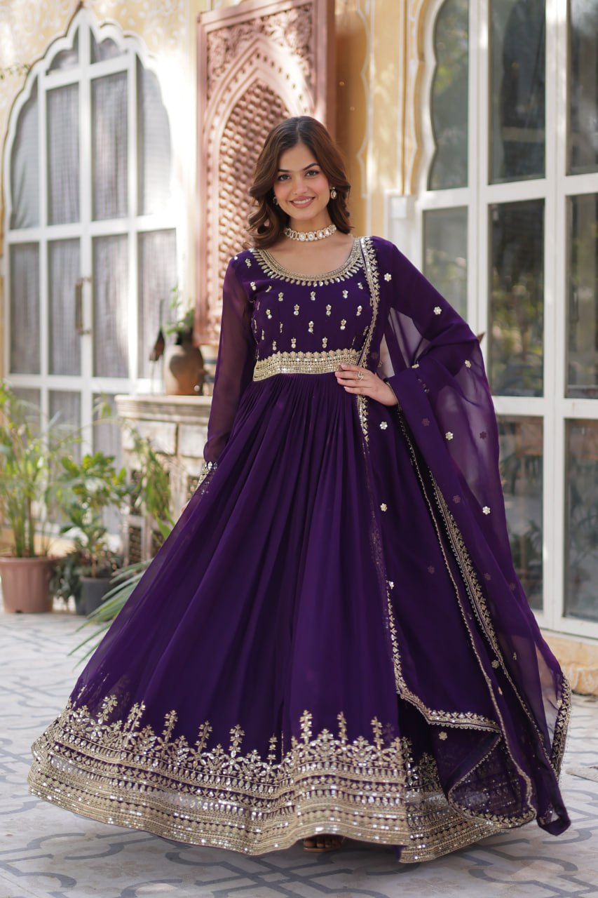 Faux Blooming Embroidery Zari Sequence Work Gown