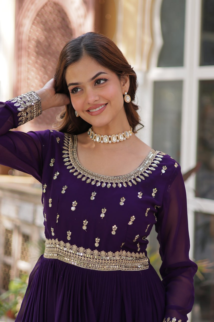 Faux Blooming Embroidery Zari Sequence Work Gown