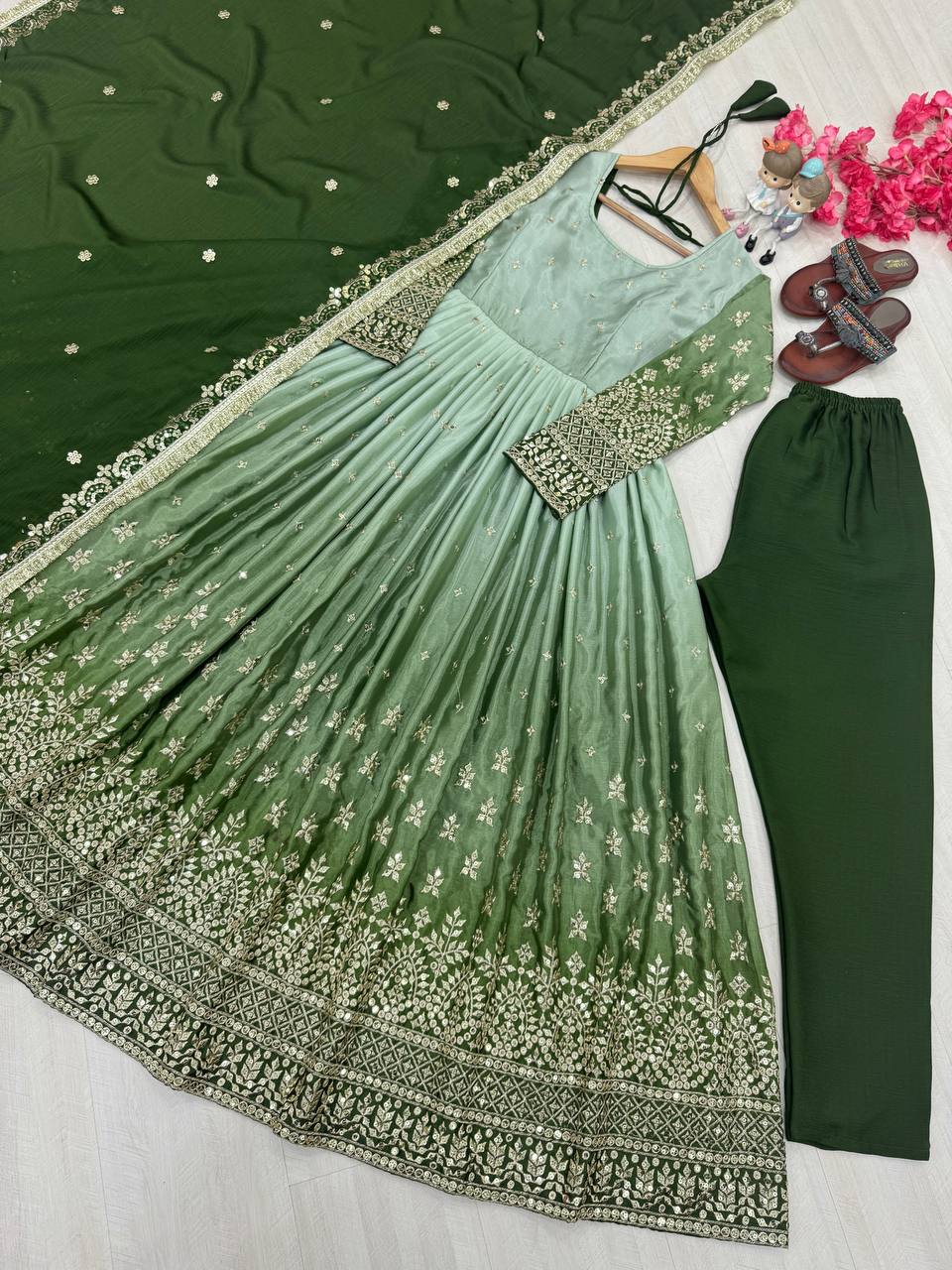 Heavy Pur Micro Cotton Tone Peding Chinon Silk With Sequence Work Gown