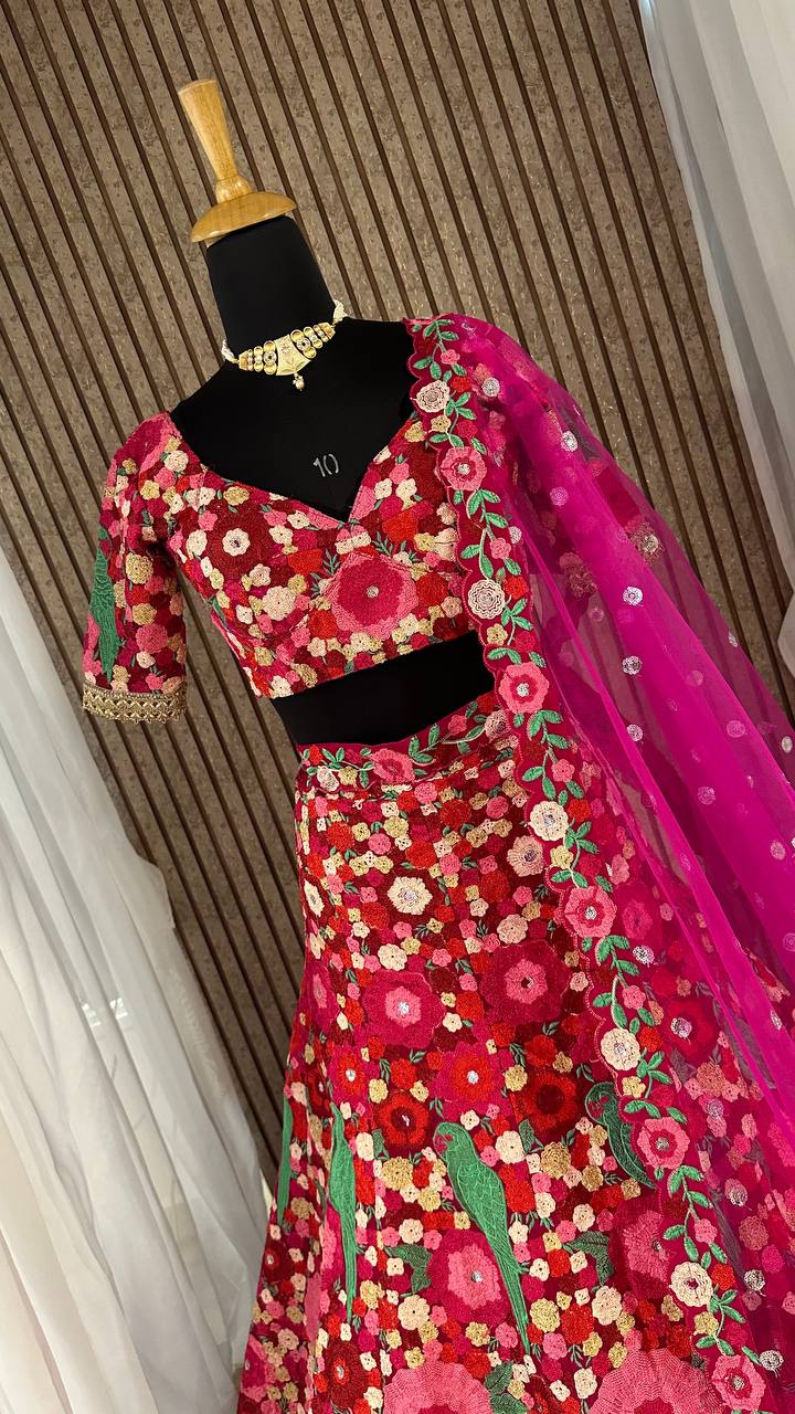 Heavy slub silk With  chainstitch embroidery & sequins work Lehenga