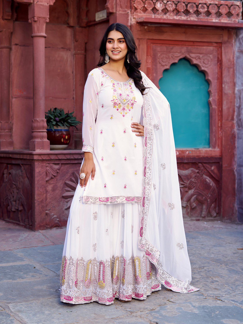 Black And White Color Faux Goergette Thread Work Top Sharara