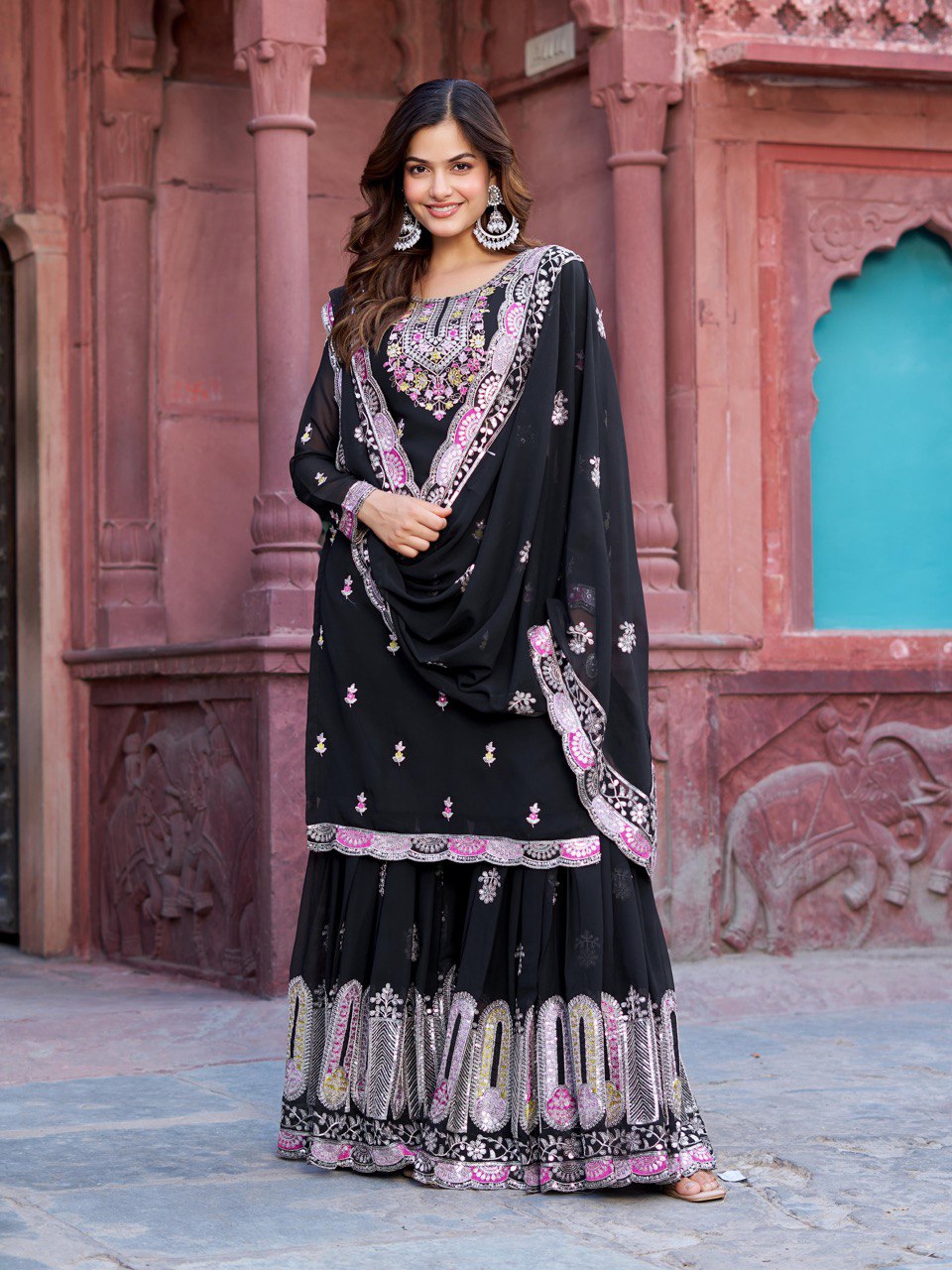 Black And White Color Faux Goergette Thread Work Top Sharara
