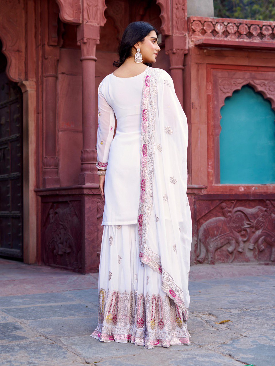 Black And White Color Faux Goergette Thread Work Top Sharara