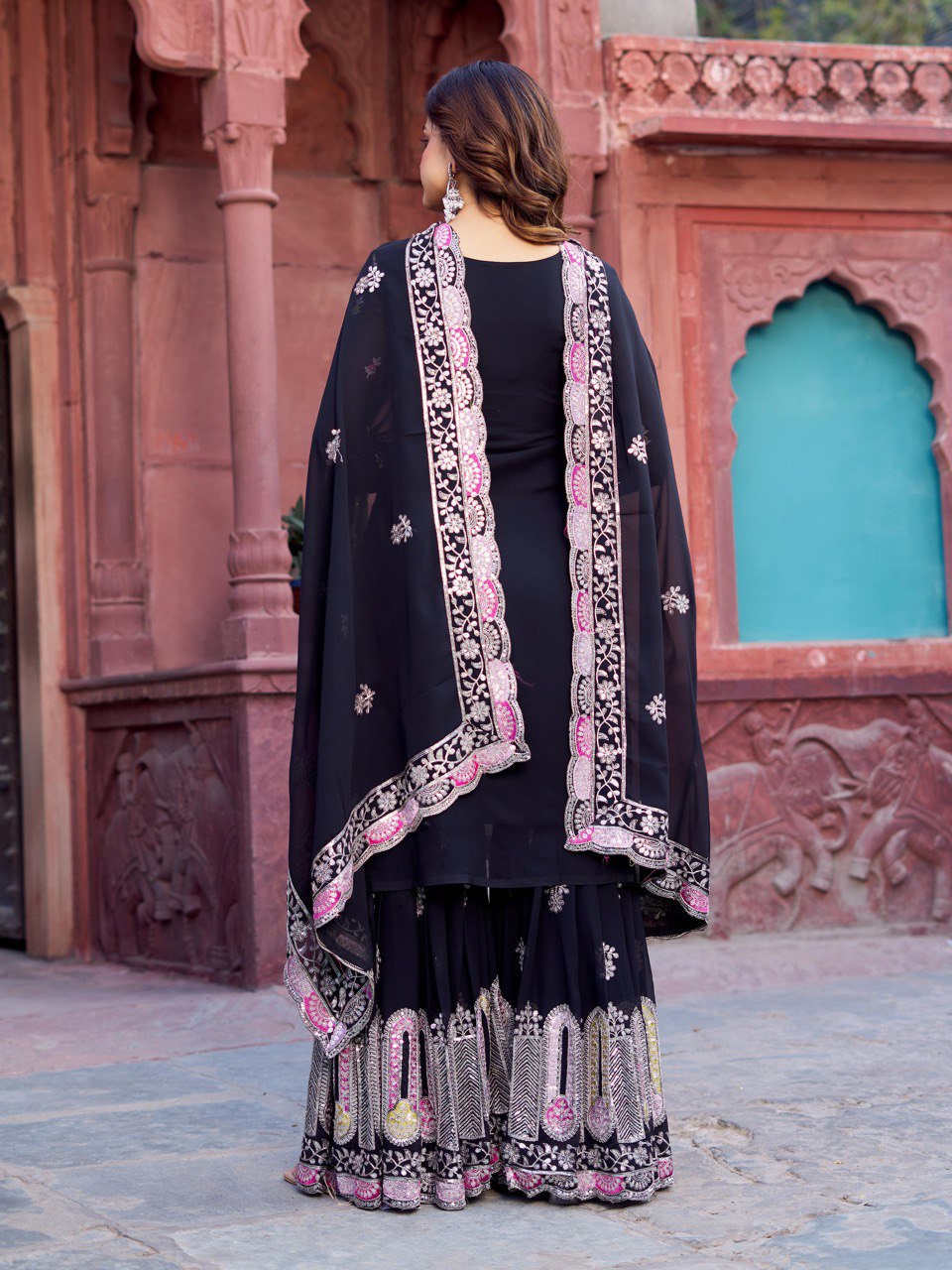 Black And White Color Faux Goergette Thread Work Top Sharara