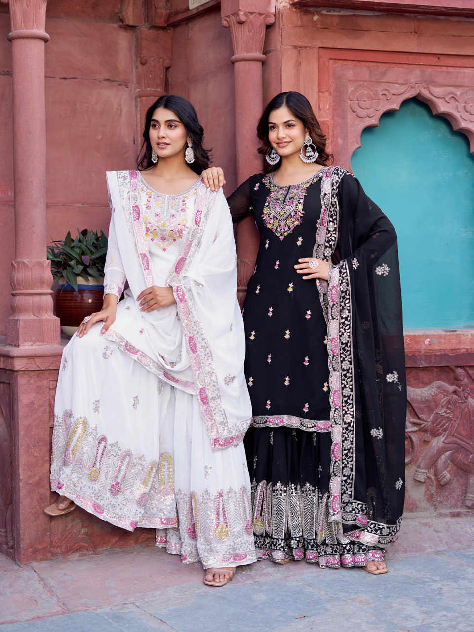 Black And White Color Faux Goergette Thread Work Top Sharara