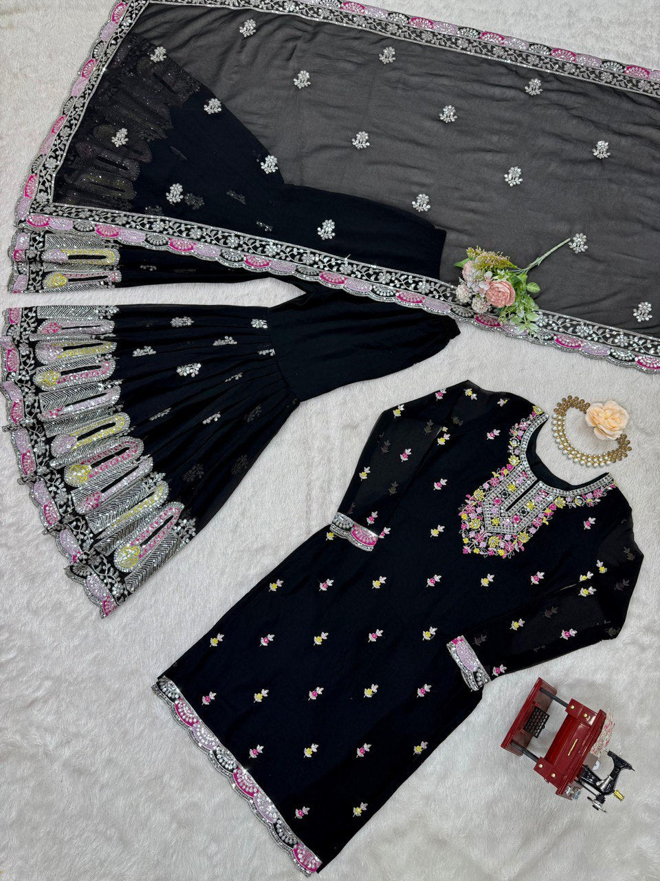 Black And White Color Faux Goergette Thread Work Top Sharara