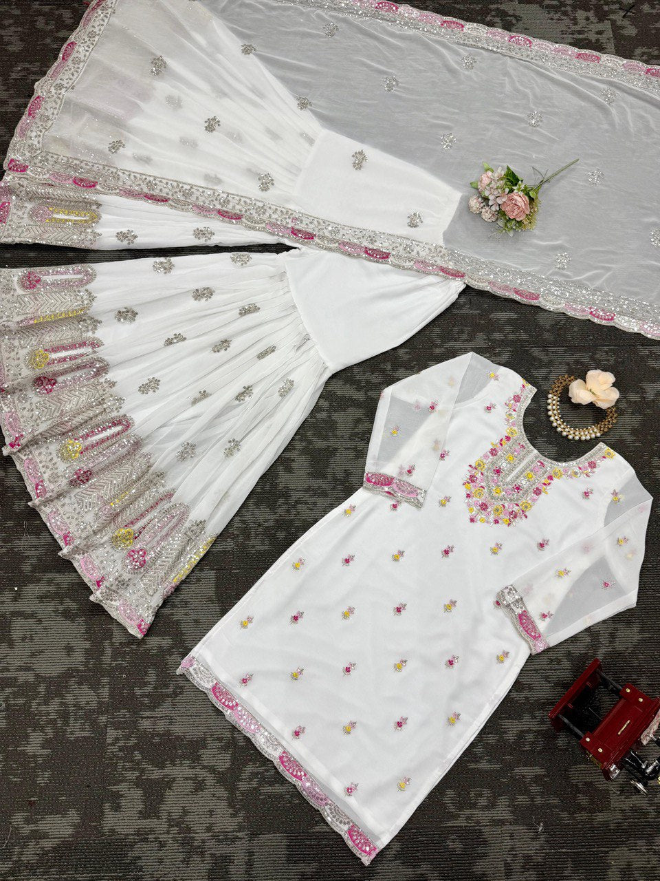 Black And White Color Faux Goergette Thread Work Top Sharara