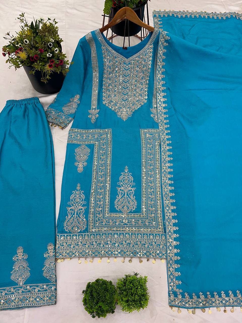 Chinnnon Silk And Heavy Embroidery Coding Sequence Work Top Plazzo