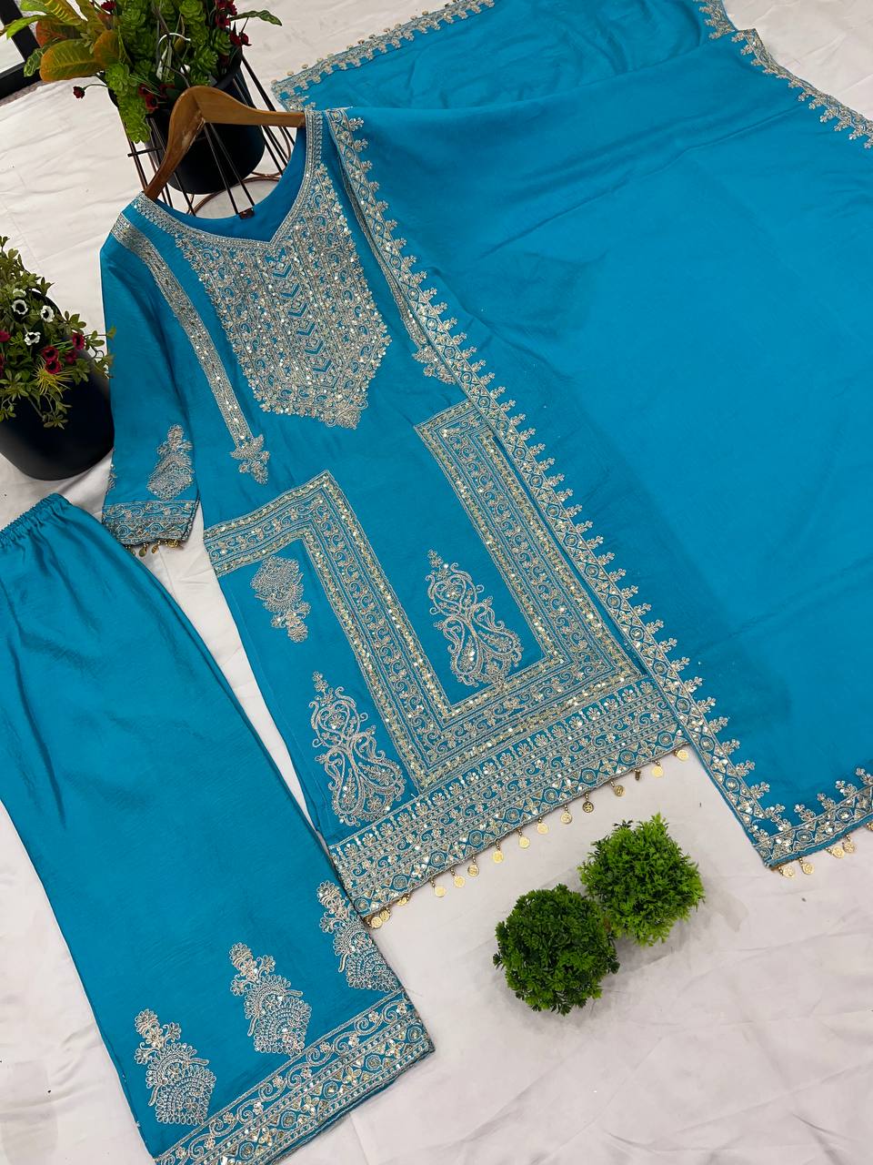 Chinnnon Silk And Heavy Embroidery Coding Sequence Work Top Plazzo