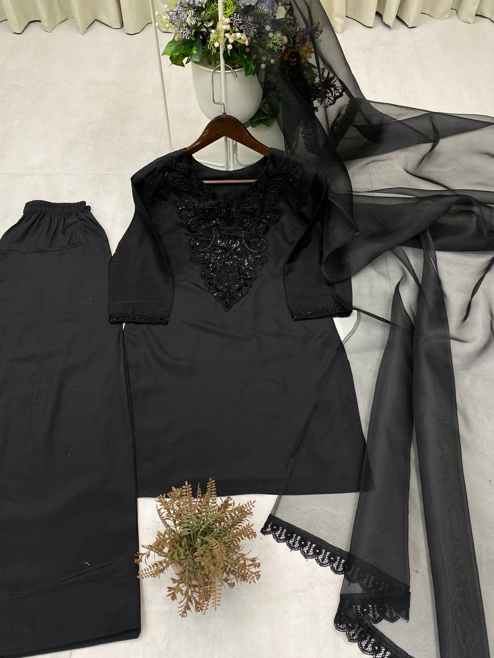 Black Color French Crape Beads Work Top Plazzo