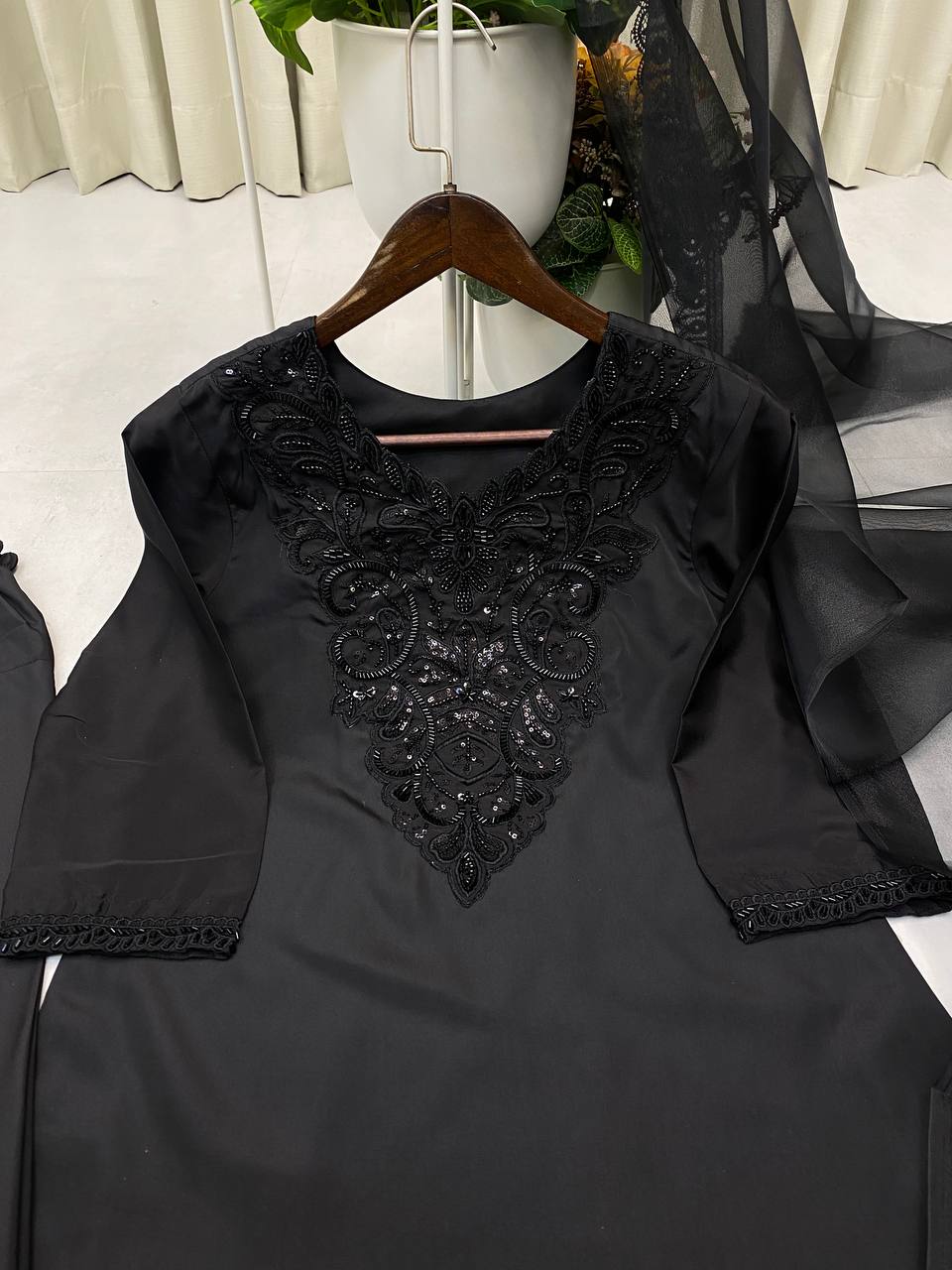 Black Color French Crape Beads Work Top Plazzo