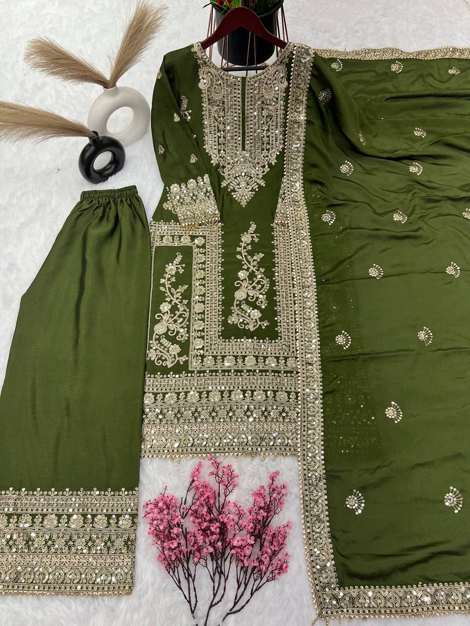 Pure Chinnon Silk Heavy Embroidery Coding Dori-Sequence Work With Full Sleeve