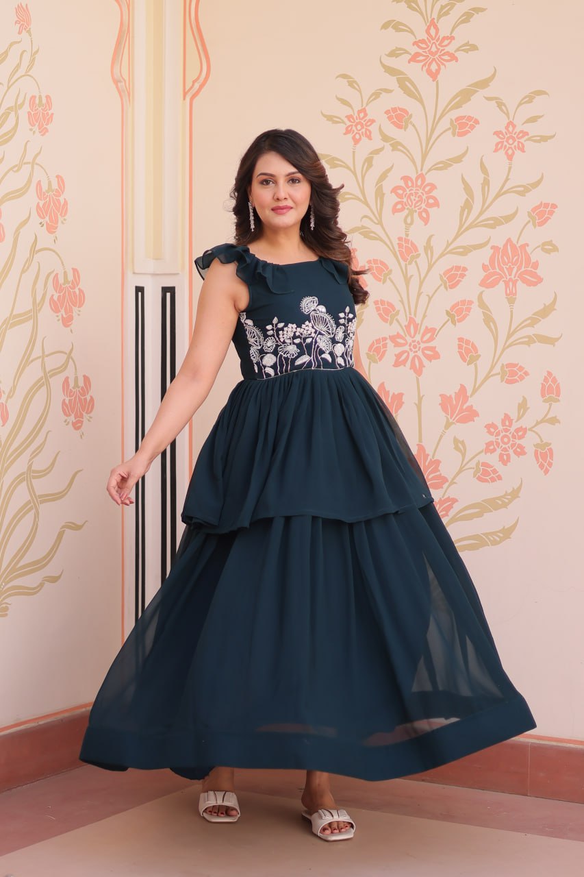 Faux Blooming EBeads Embroidered work Gown