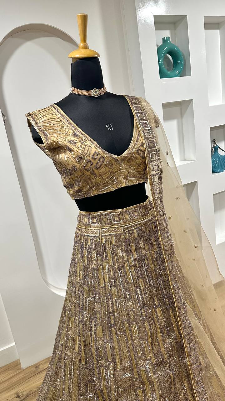 Net And Sequence Work With Dori And Thred Work All Over Front And Back WOrk Lehenga