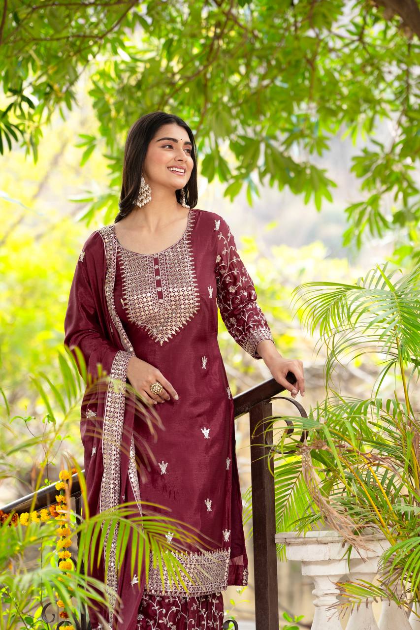 Chinon Embroidery Sequence Design Silk With Crap Silk Top Sharara