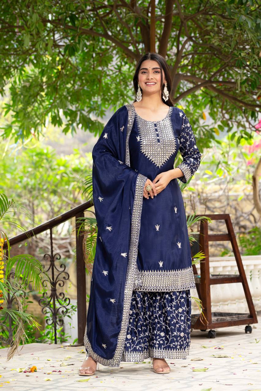 Chinon Embroidery Sequence Design Silk With Crap Silk Top Sharara