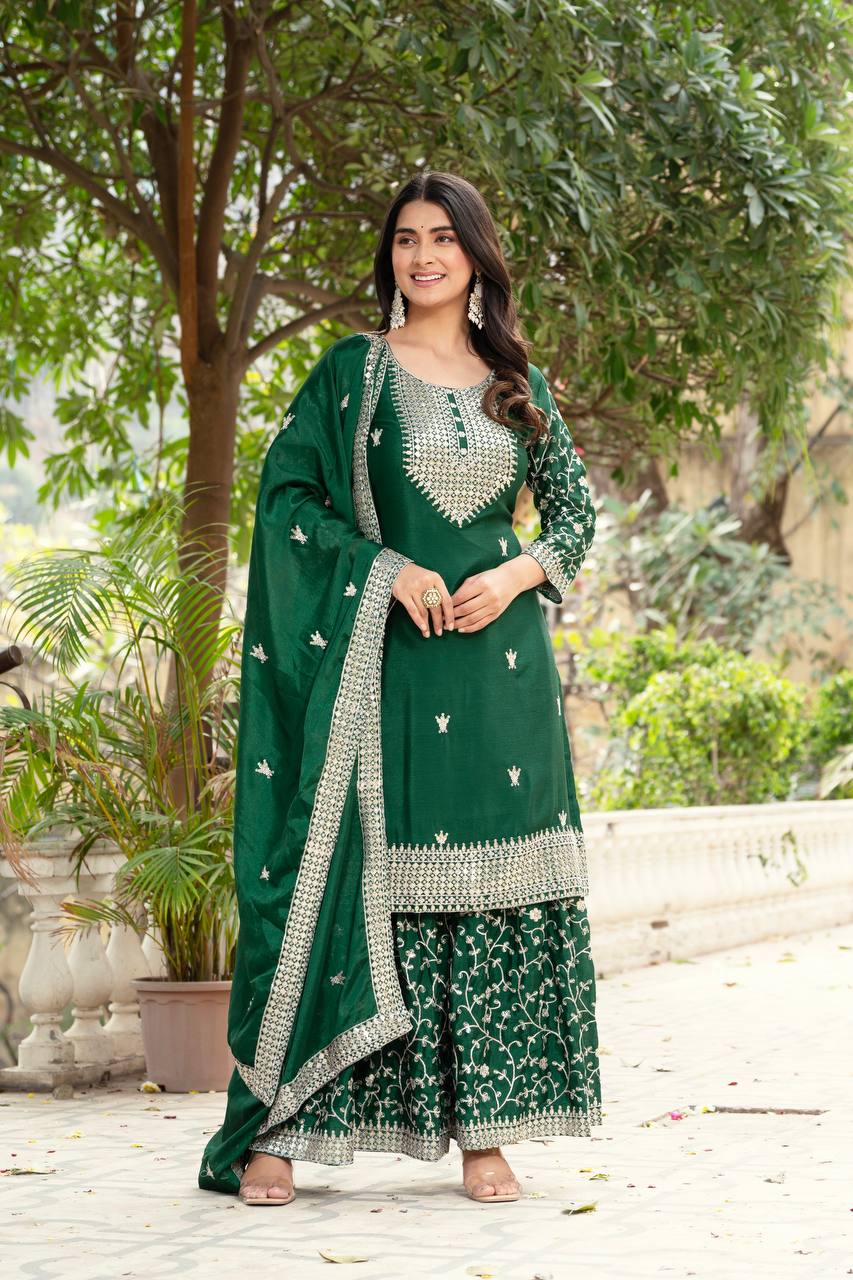 Chinon Embroidery Sequence Design Silk With Crap Silk Top Sharara