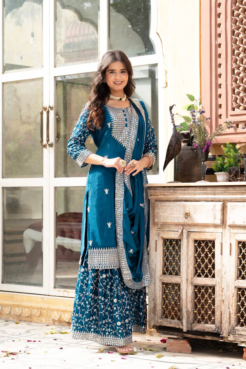Chinon Embroidery Sequence Design Silk With Crap Silk Top Sharara