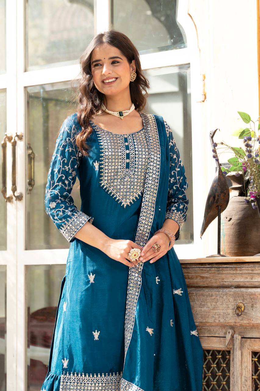Chinon Embroidery Sequence Design Silk With Crap Silk Top Sharara