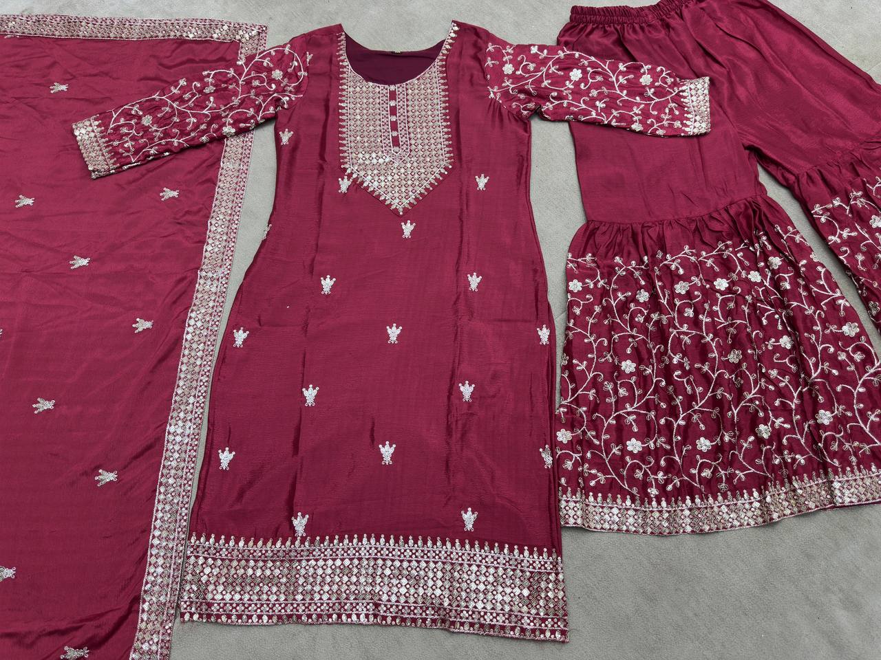 Chinon Embroidery Sequence Design Silk With Crap Silk Top Sharara