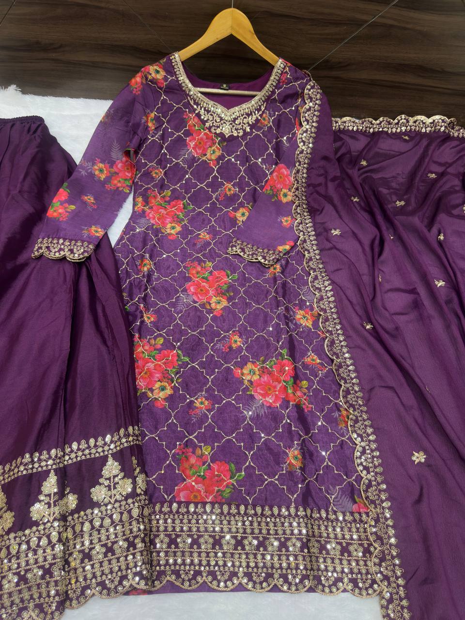 Chinon Silk With Digital Printed & Embriodery Sequence Design Work Top Sharara