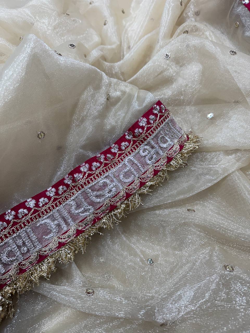 Beige Color Soft Twil Net Sequience Work Saree