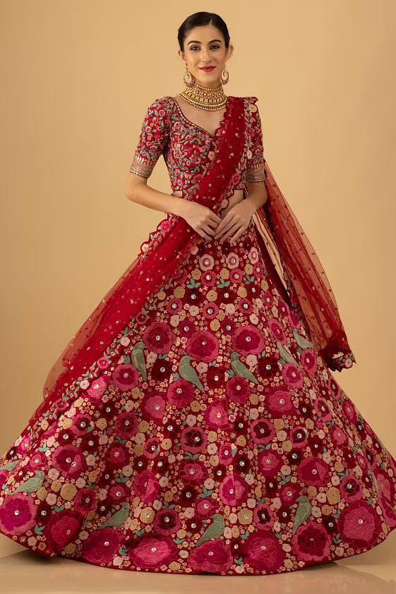 Heavy slub silk With  chainstitch embroidery & sequins work Lehenga