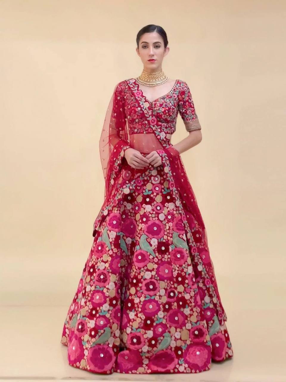 Heavy slub silk With  chainstitch embroidery & sequins work Lehenga