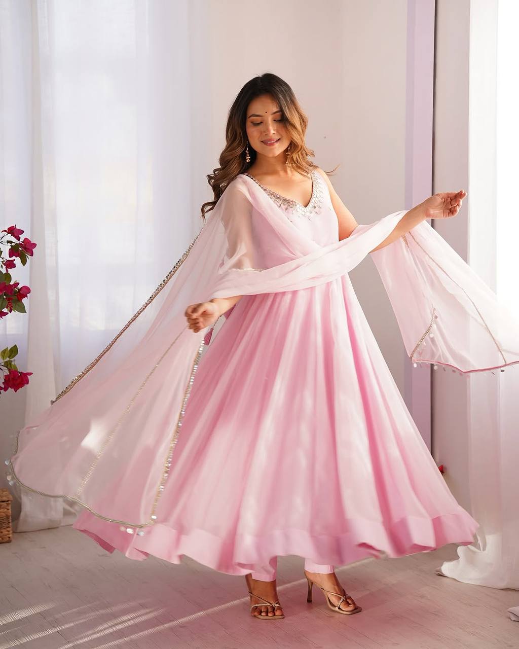 Fox Georgette Hand Embroidery Work Gown
