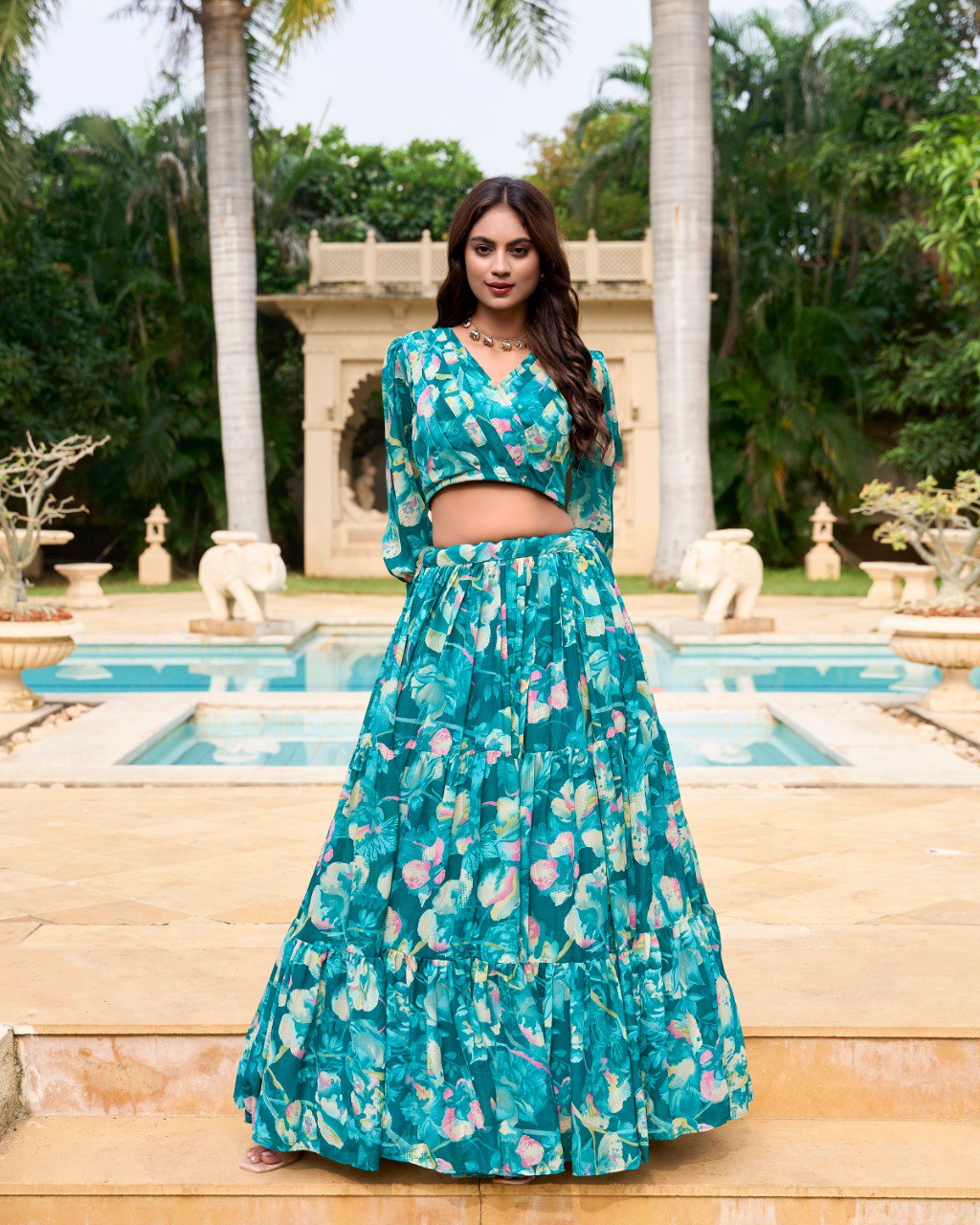 Georgette Chex Floral Print Stitched With Canvas Lehenga