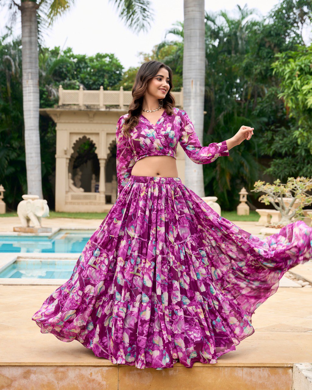 Georgette Chex Floral Print Stitched With Canvas Lehenga